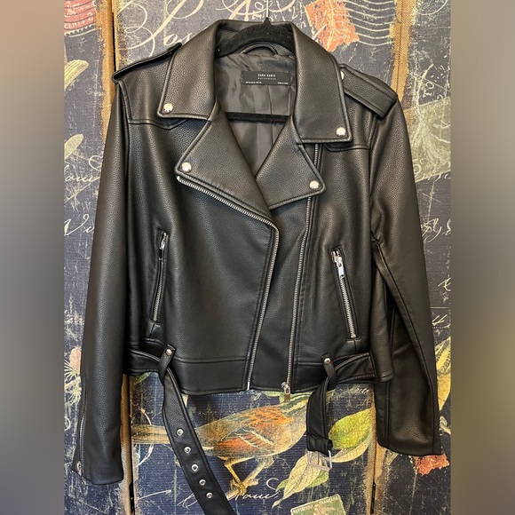 ZARA Moto Jacket Leather Faux Size XL Black Silver Zippers WOW - Picture 8 of 14